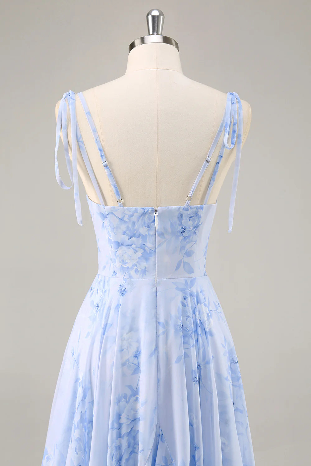 A Line Spaghetti Straps Long Blue Floral Bridesmaid Dress with Ruffles