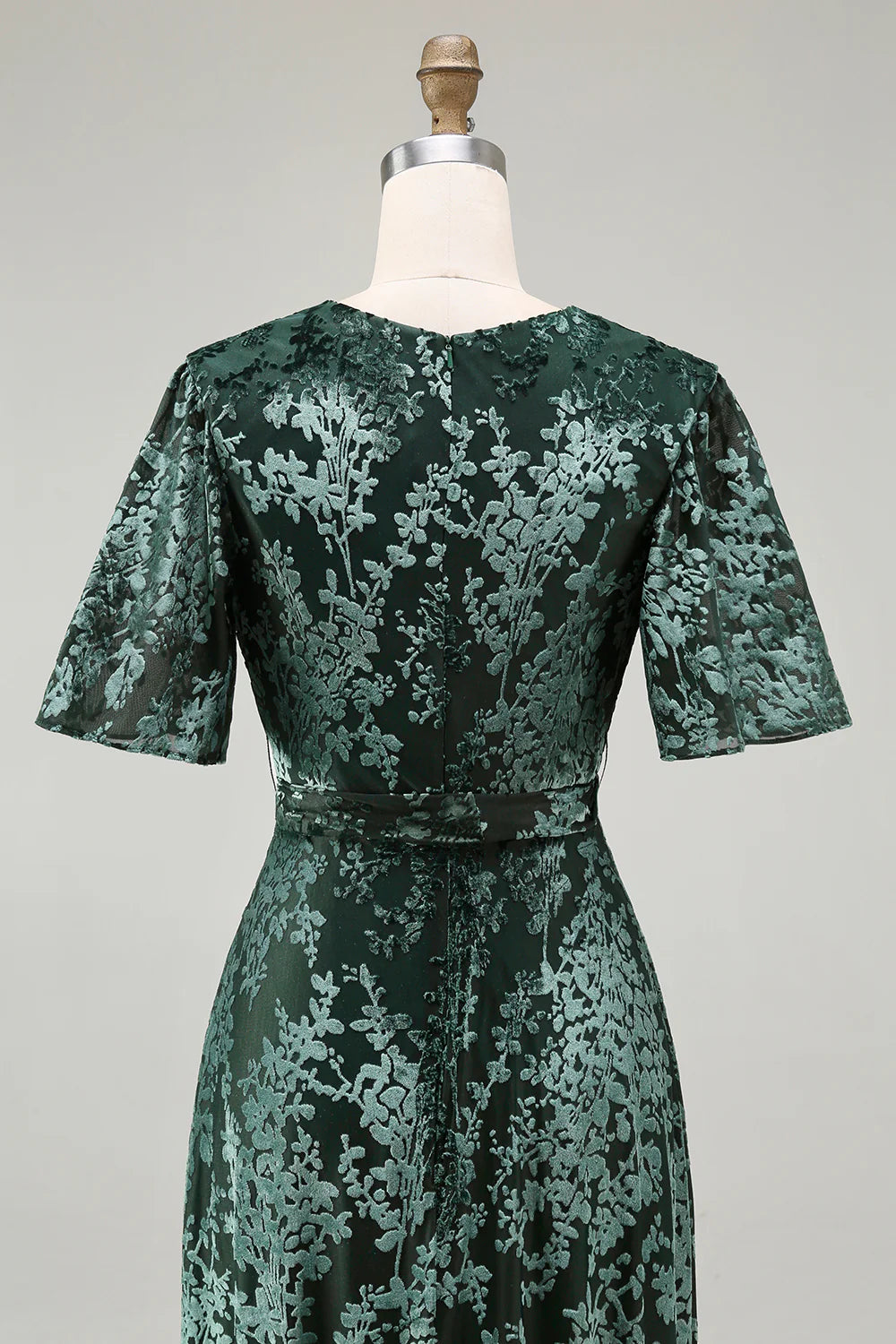 A Line V Neck Dark Green Burnout Velvet Floor Length Dress with Short Sleeves