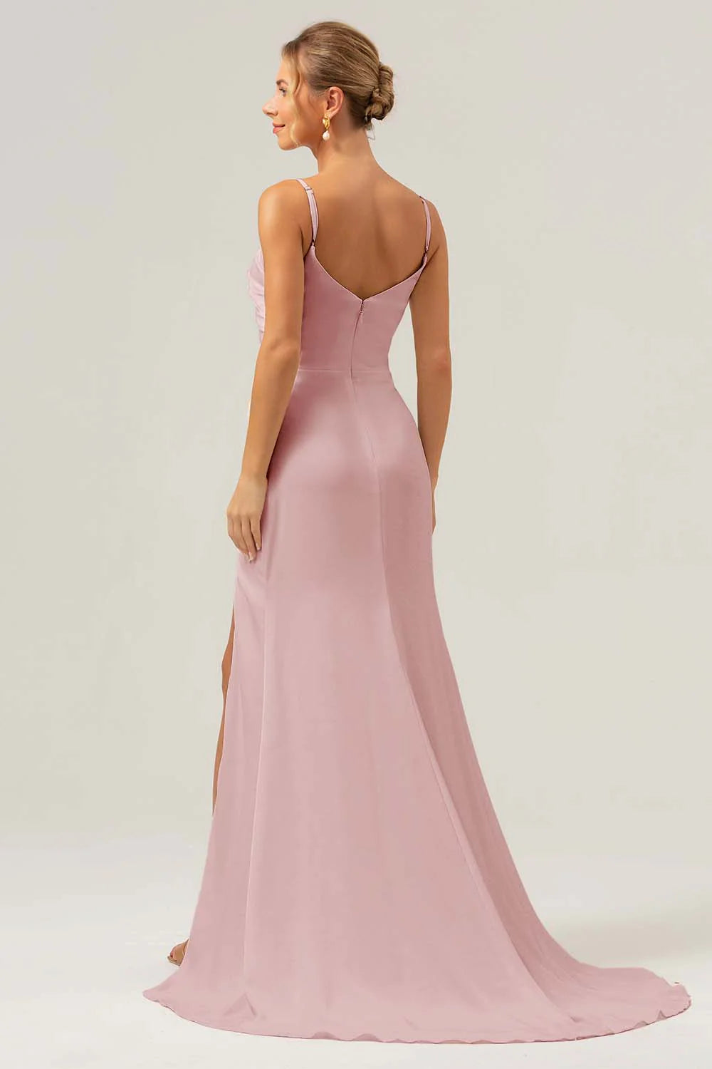 Black Sheath Spaghetti Straps Ruched Long Satin Bridesmaid Dress with Slit