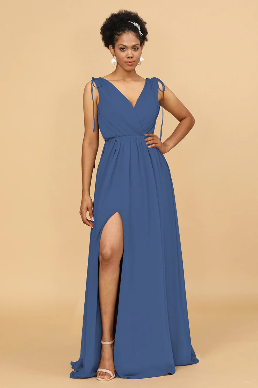 A Line Ruched V Neck Sleeveless Chiffon Bridesmaid Dress with Slit