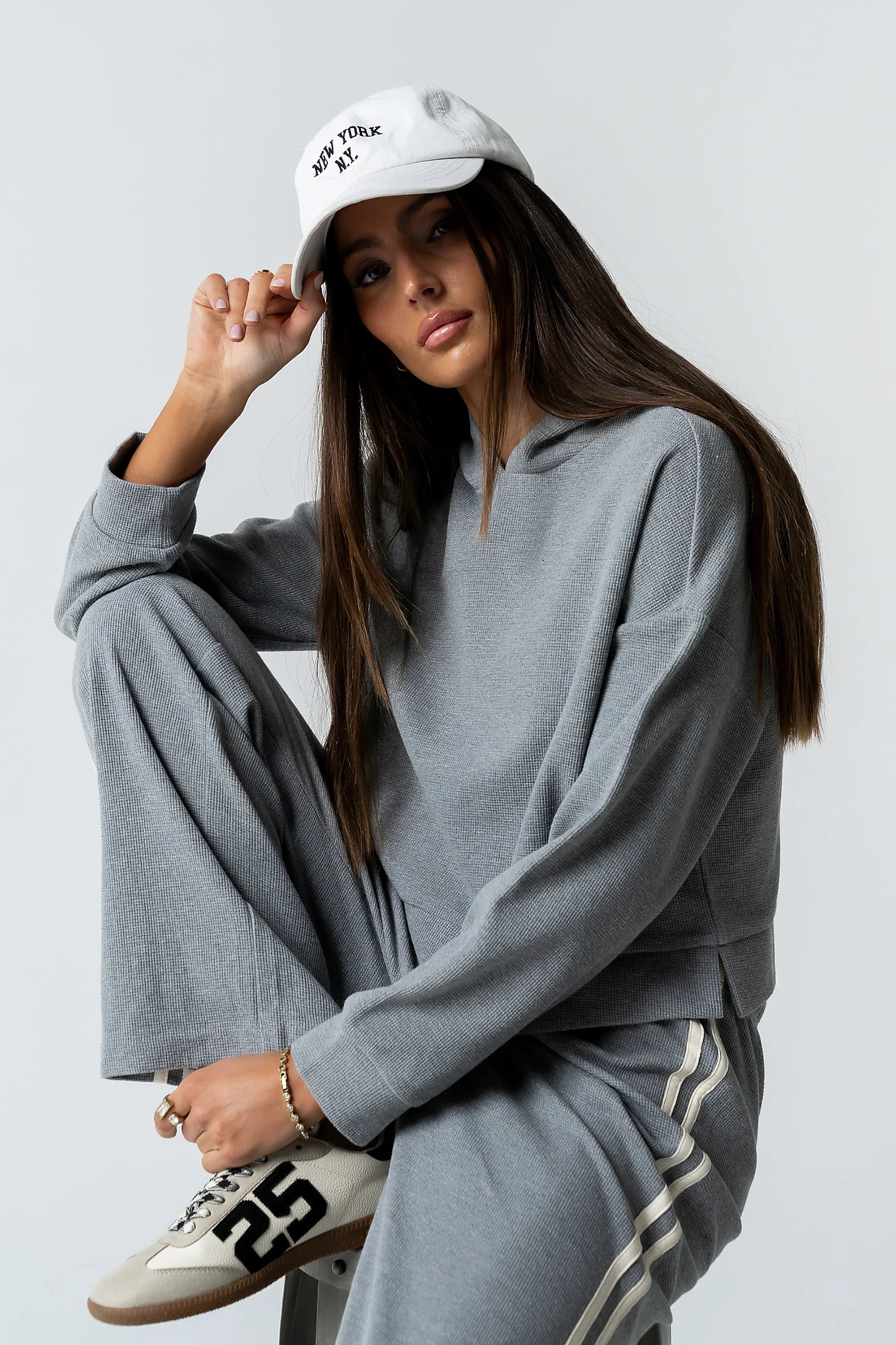 Kourtney Waffle Knit Hoodie in Grey