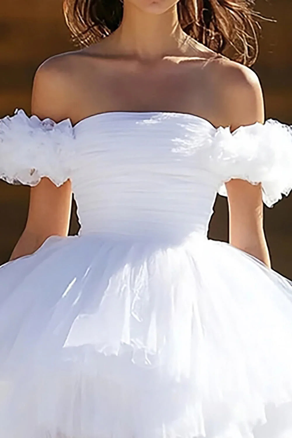 White A Line Off the Shoulder Tulle Short Graduation Dress with Ruffles