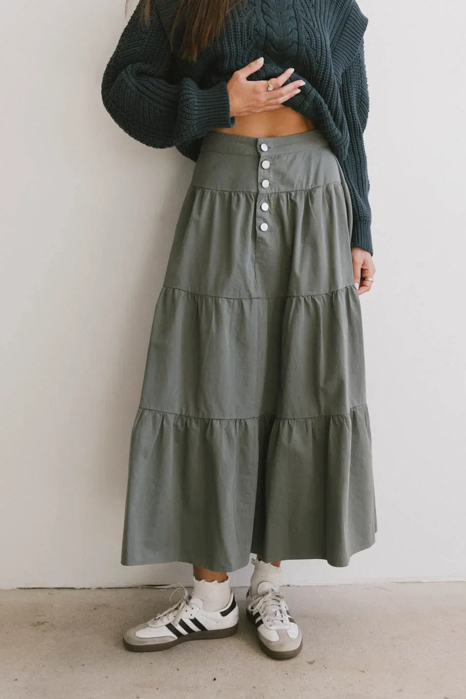 Luna Tiered Maxi Skirt in Sage FINAL SALE