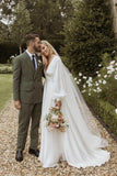 A Line Long Sleeves Satin Wedding Dresses with V Neck