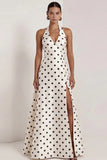 Halter White Black Polka Dot A Line Formal Dress with Slit