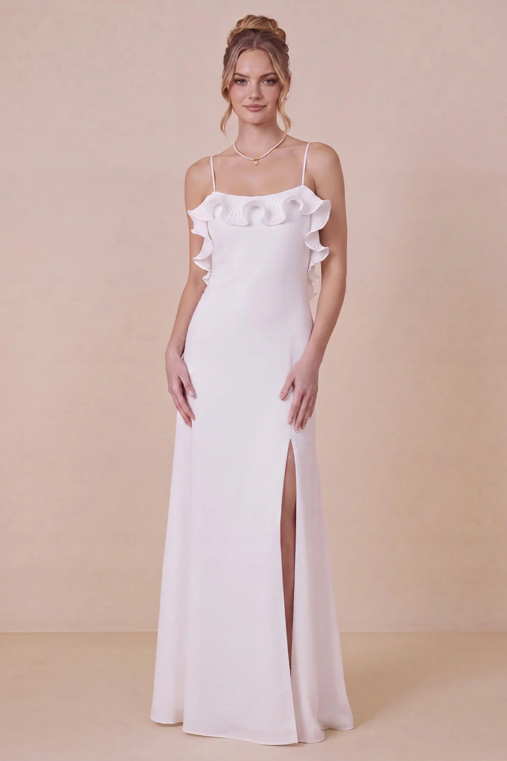 White Spaghetti Straps Ruffle Engagement Dress with Slit