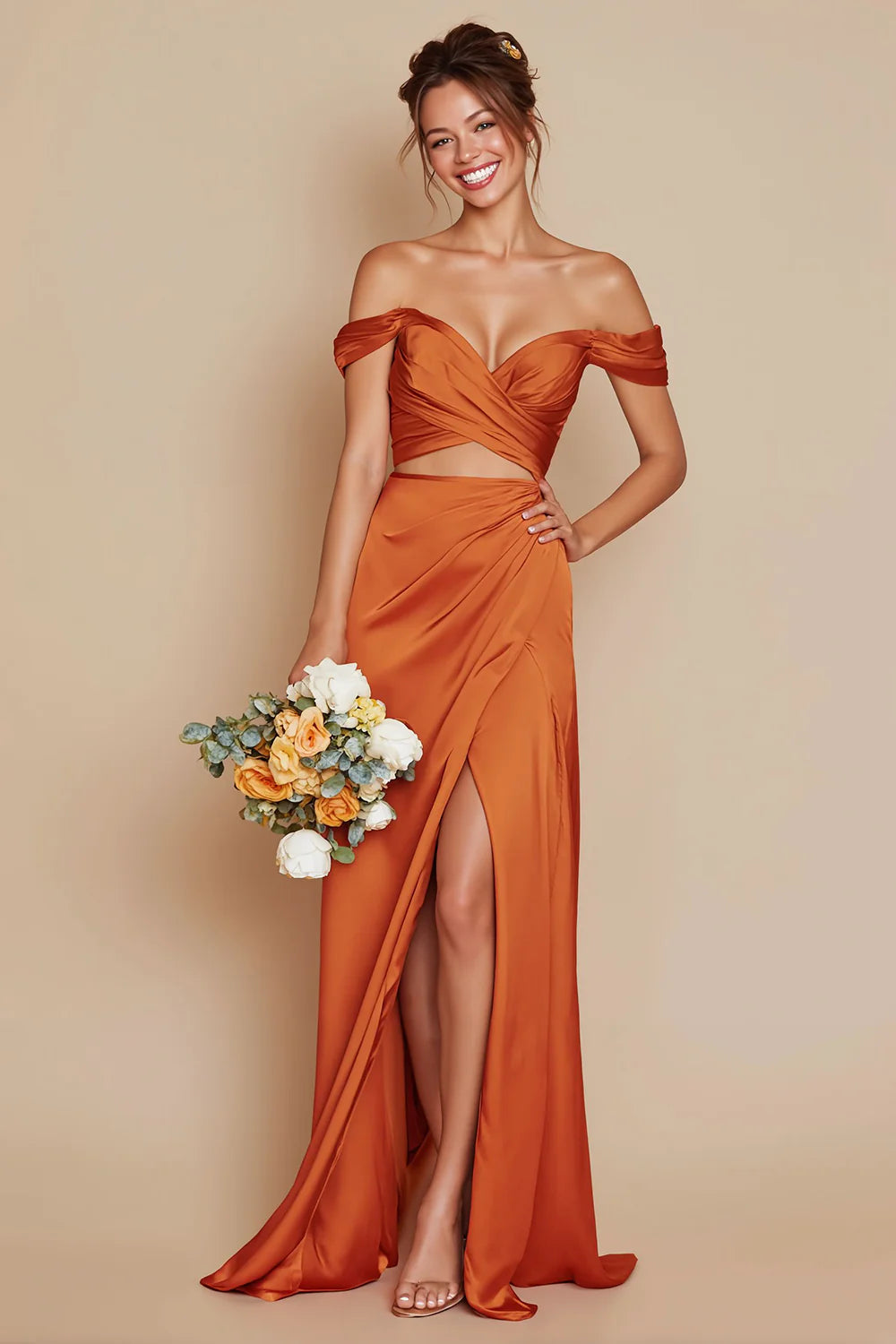 Off the Shoulder Mermaid Orange Cut Out Satin Bridesmaid Dress with Slit