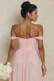 Off the Shoulder A Line Cut Out Blush Pink Bridesmaid Dress with Slit