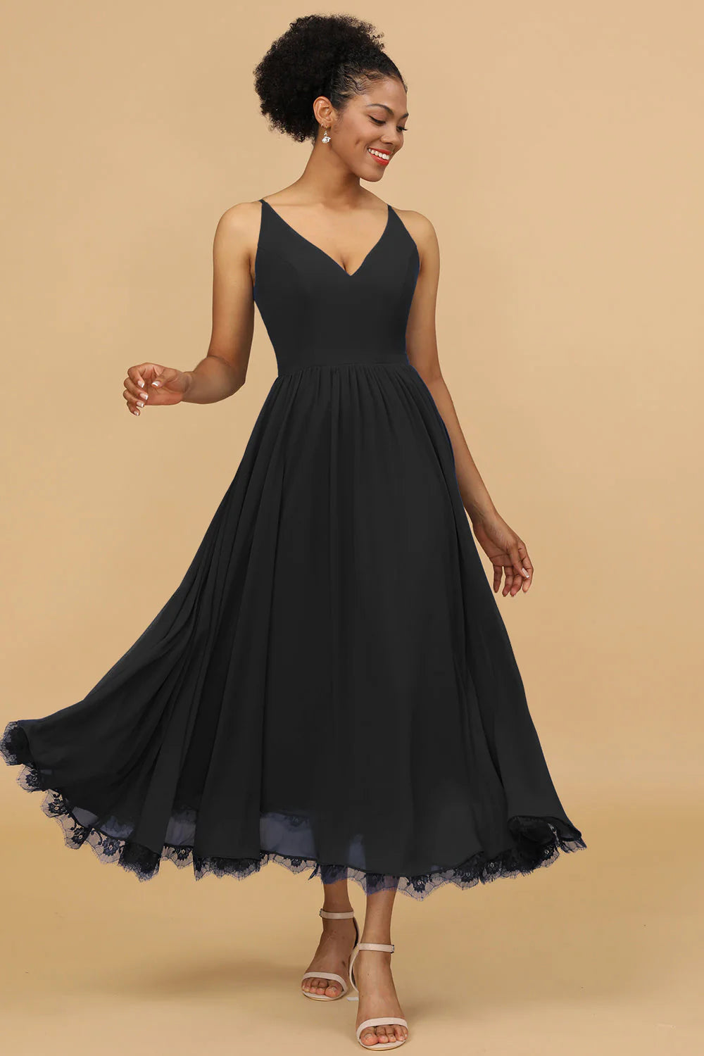 A Line Spaghetti Straps Long Chiffon Bridesmaid Dress with Ruffles