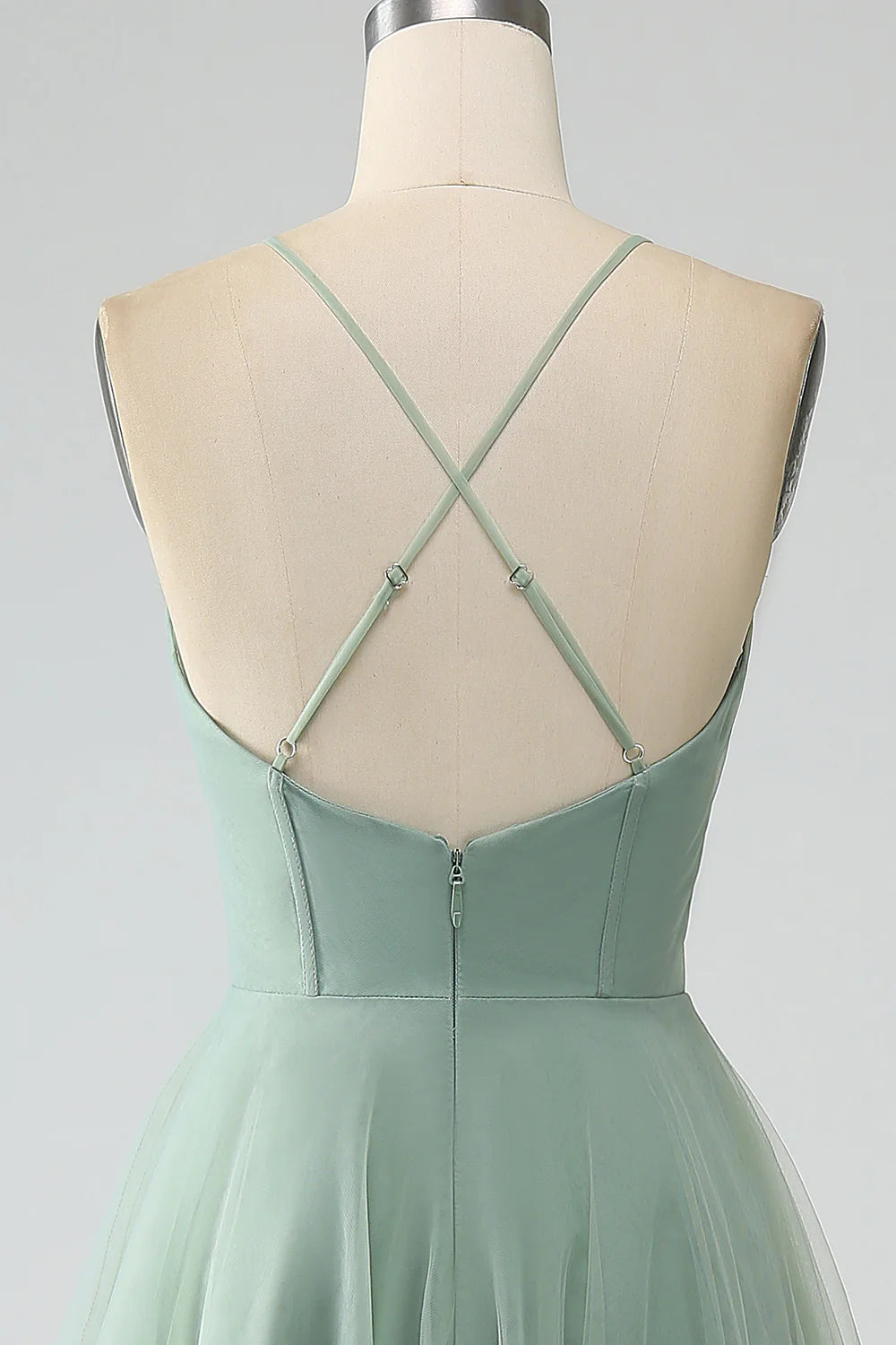 Matcha A Line Spaghetti Straps Tea Length Corset Tulle Bridesmaid Dress