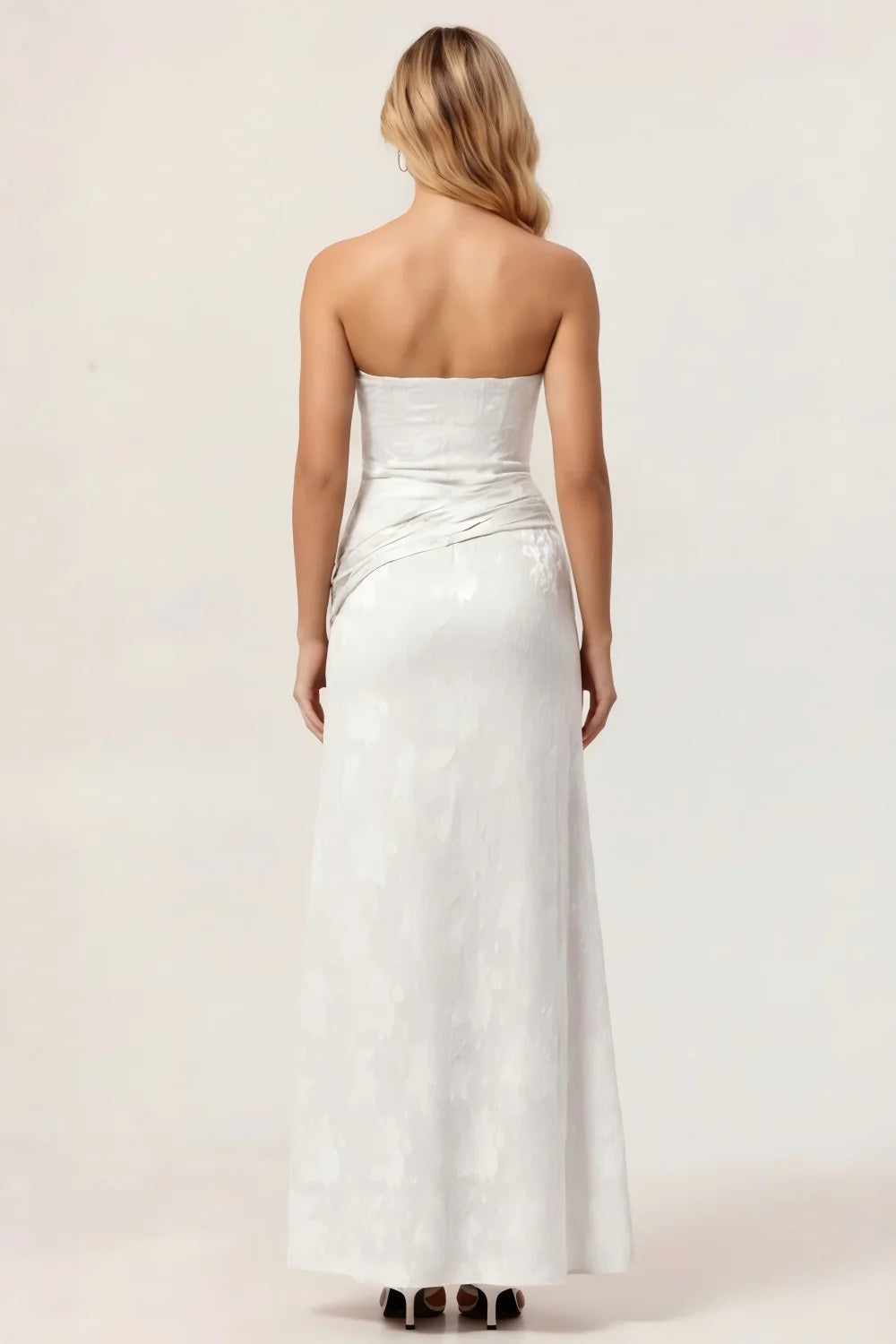 Sage Green Sheath Strapless Ruched Floral Jacquard Long Bridesmaid Dress with Side Slit