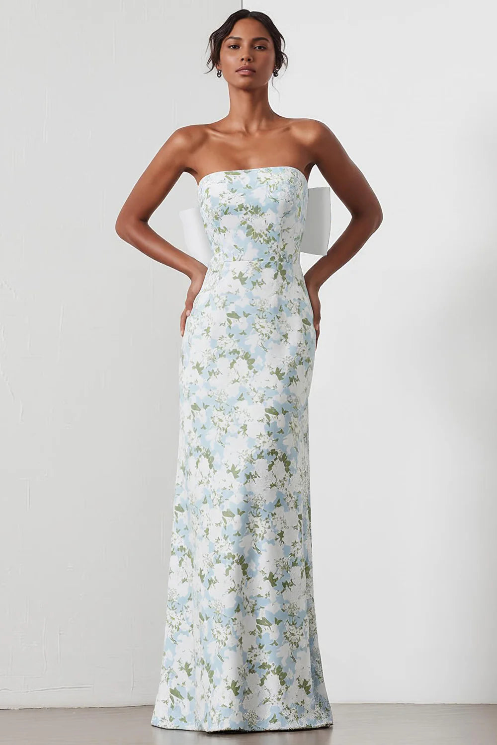 Sheath Strapless Blue White Flower Satin Long Bridesmaid Dress with Back Bow
