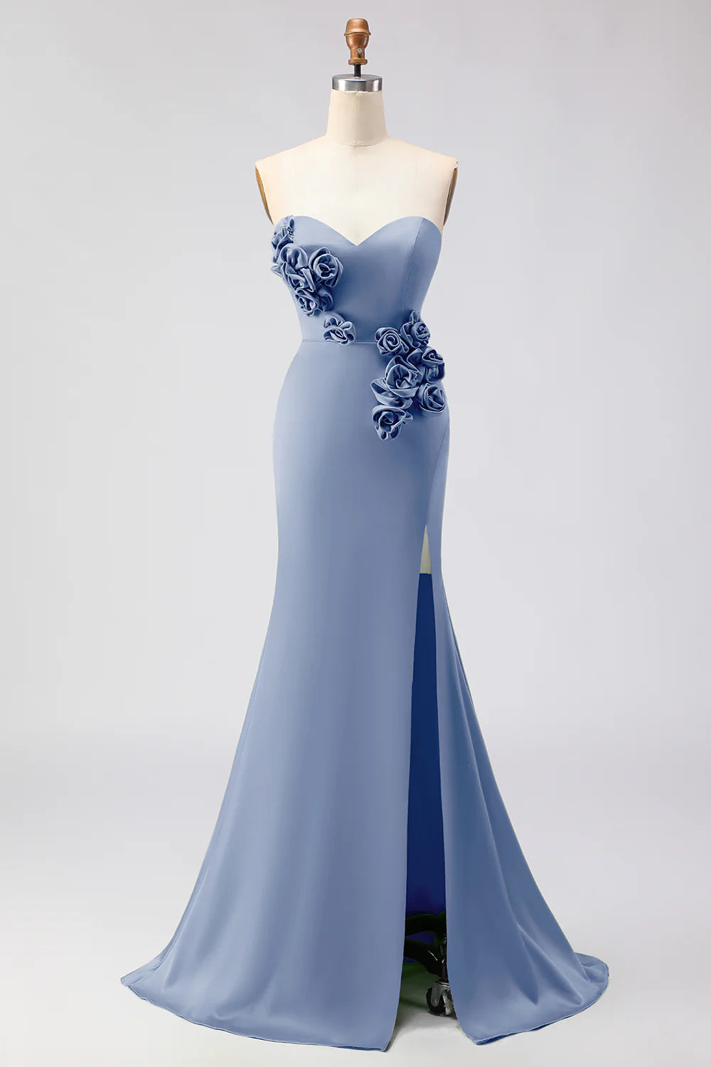 Green Strapless Mermaid 3D Flower Satin Long Prom Dress with Slit