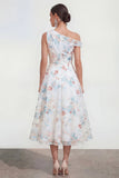 Asymmetrical Neck A Line White Floral Wedding Guest Dress