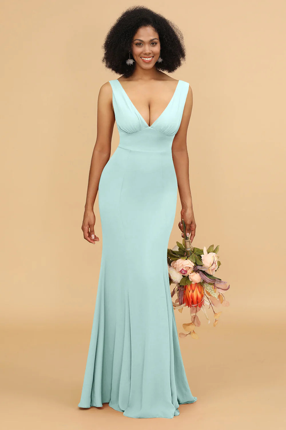 Mermaid V neck Open Back Long Chiffon Bridesmaid Dress With Ruffles