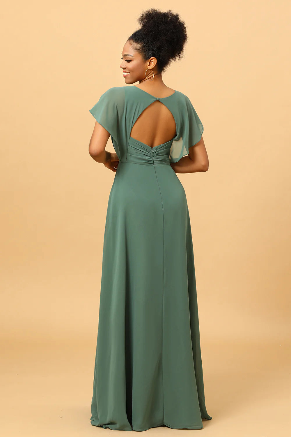 A Line V Neck Ruched Chiffon Bridesmaid Dress with Slit