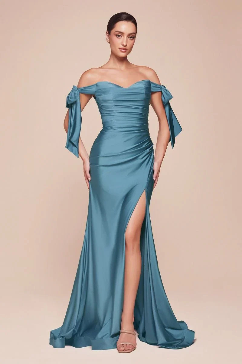 Amber Gown Off Shoulder Stretch Spandex Satin Dress With Ties