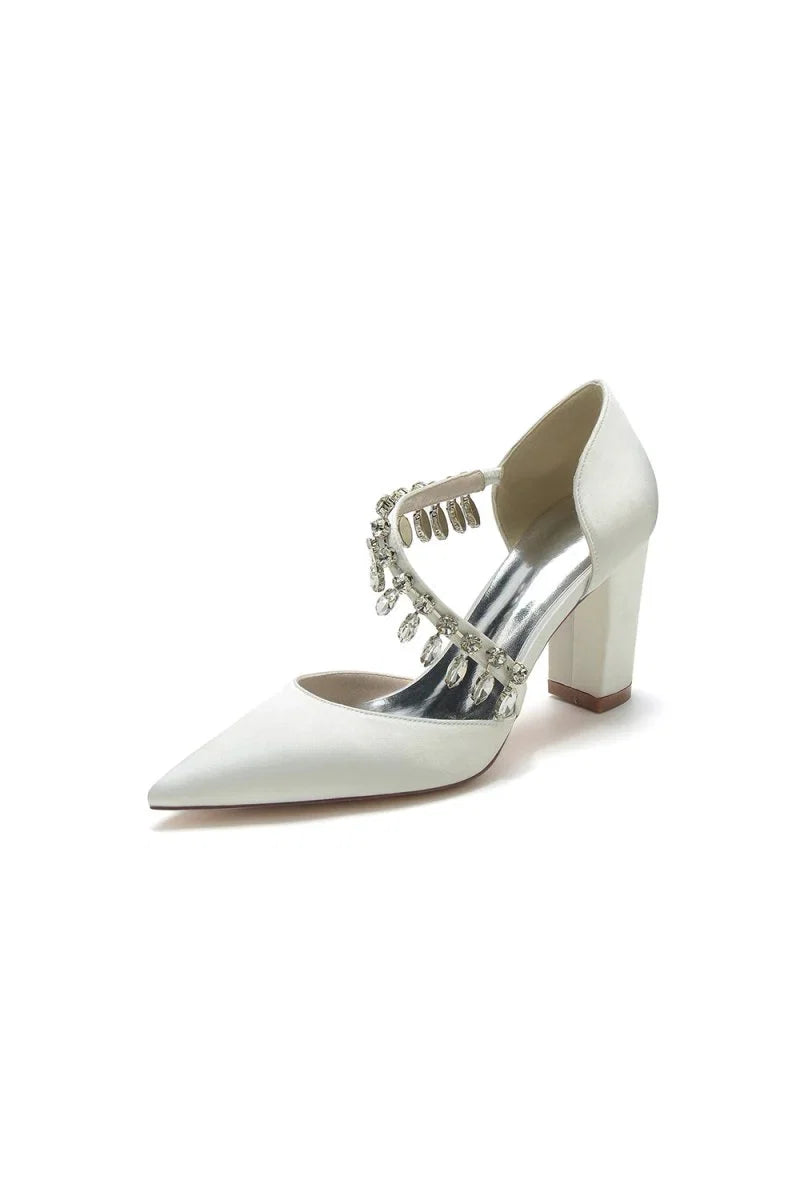 Pointed Toe Rhinestone Tassel Strappy Chunky Heels