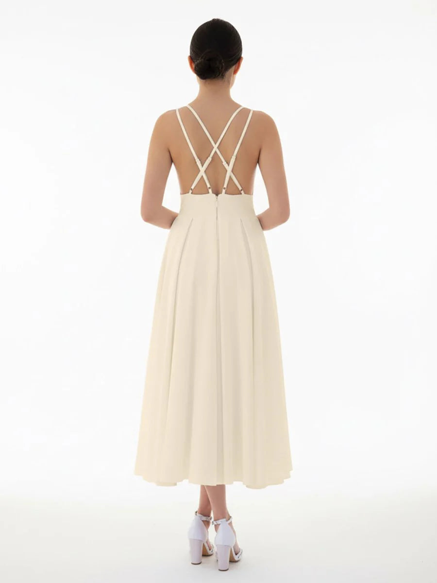 A Line V Neck Sleeveless Satin Knee Length Wedding Dress