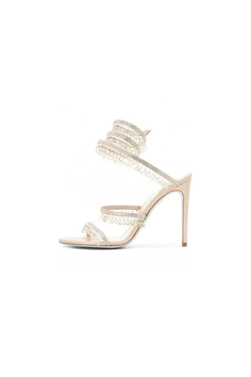 Open Toe Ankle Wrap Beaded Crystal Stiletto Heels