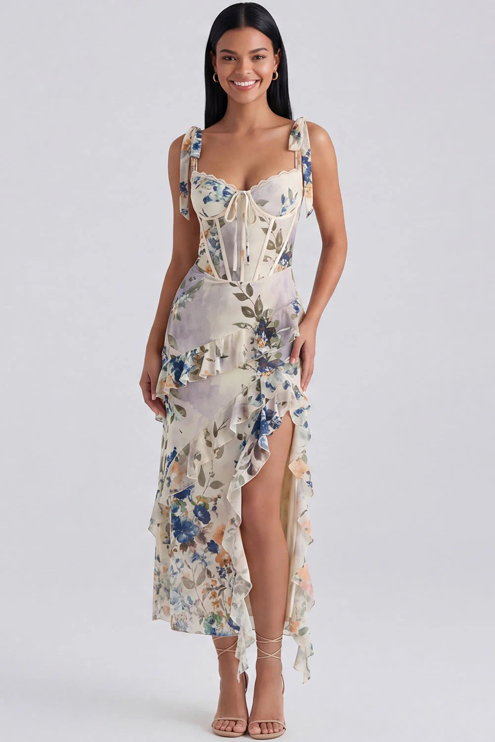 Black Ruffled Floral Corset Midi Wedding Guest Dress