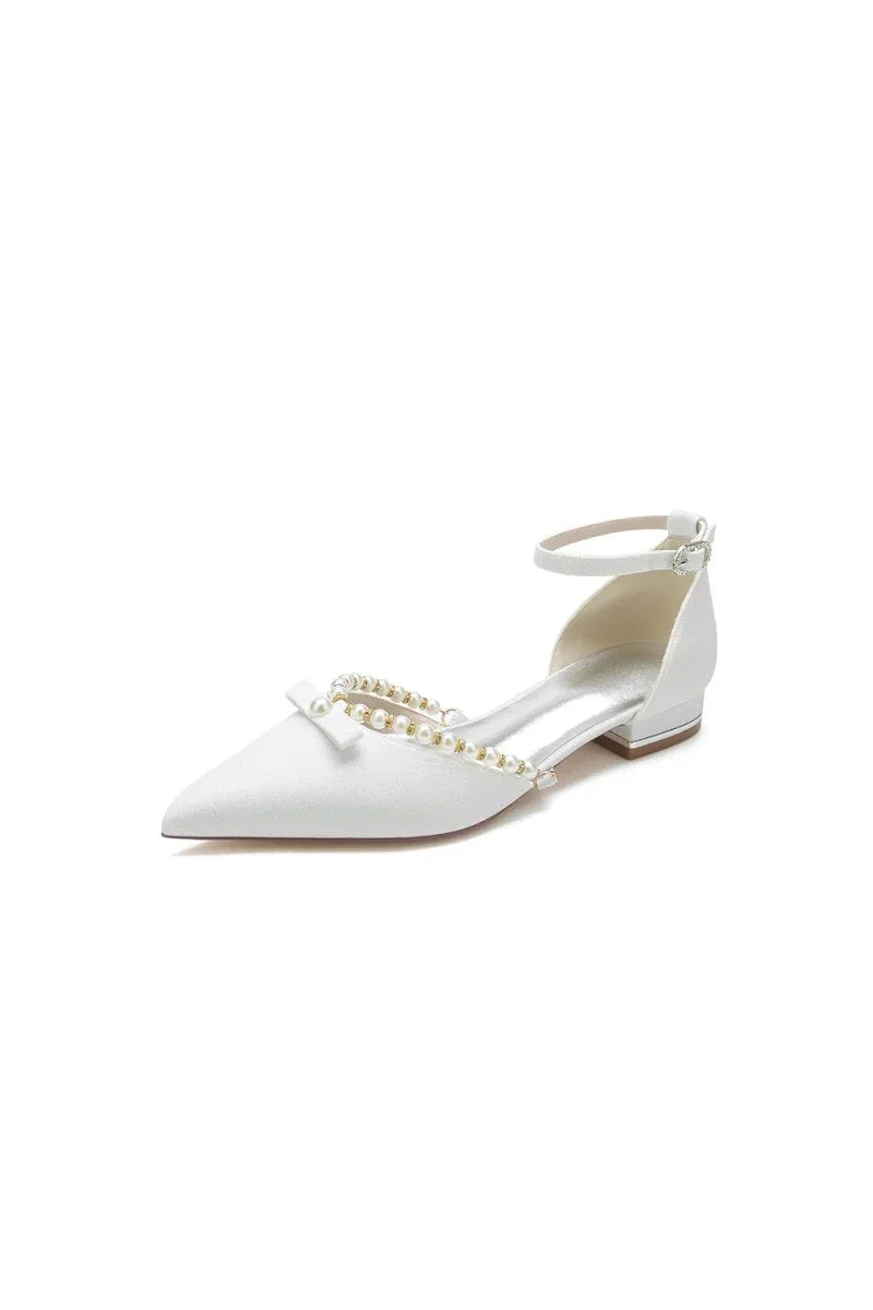 Glitter Pointed Toe Pearl Ankle Strap Low Heels With Bow