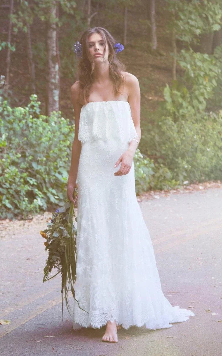 Off Shoulder Long Mermaid Lace Boho Wedding Dress With Ruffles