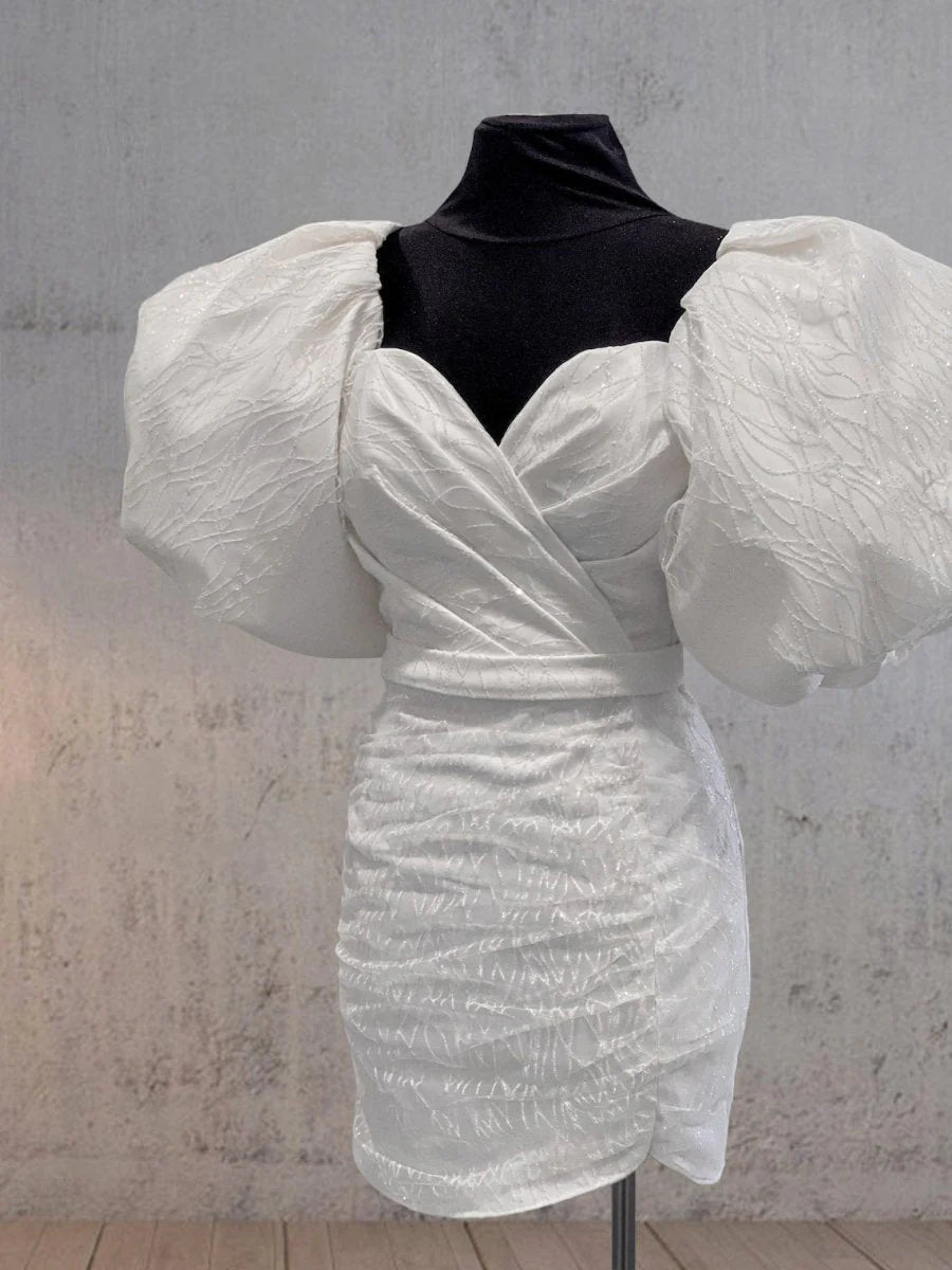 Sheath White Puff Sleeves Short V Neck Wedding Dress