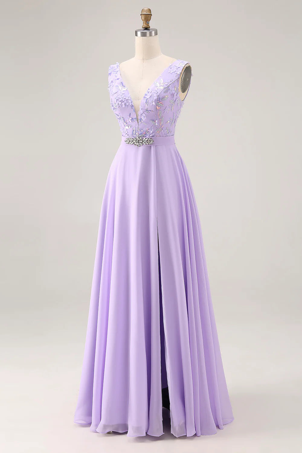 Lilac A Line Sequin Applique Long Bridesmaid Dress with Slit