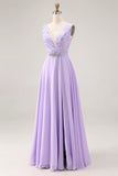 Lilac A Line Sequin Applique Long Bridesmaid Dress with Slit