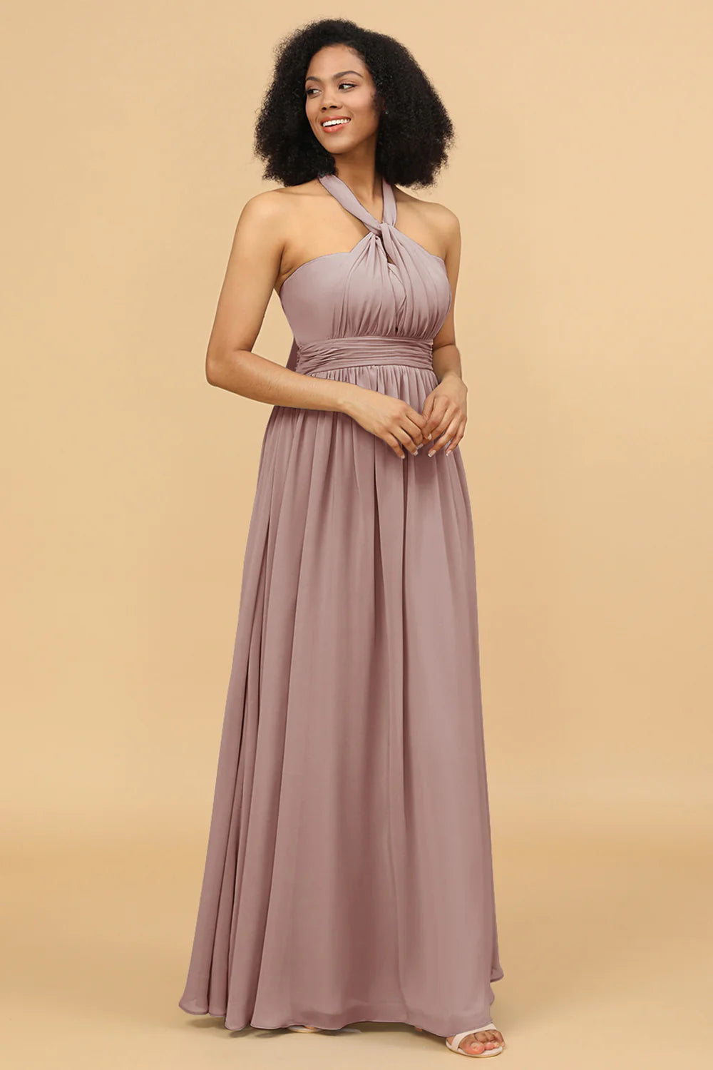 A Line One Shoulder V Neck Halter Neck Floor Length Grey Blue Bridesmaid Dress