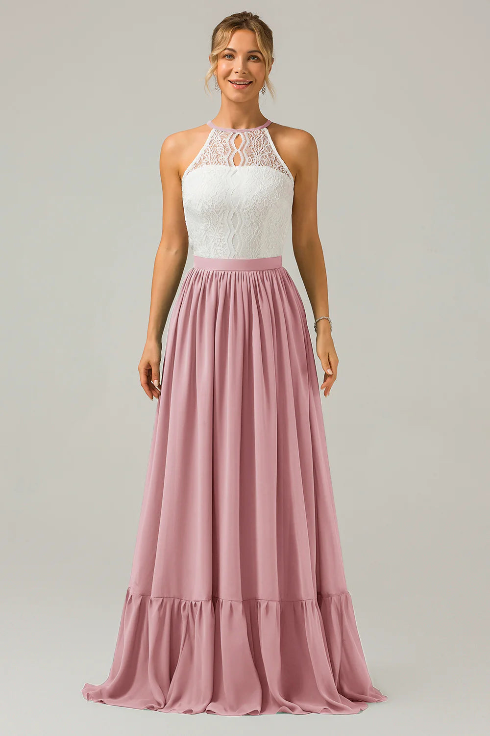 A Line Halter Pleated Keyhole Chiffon Bridesmaid Dress With Lace