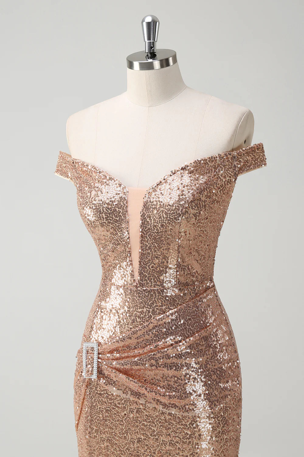 Sparkly Champagne Mermaid Off The Shoulder Sequins Party Dress with Slit