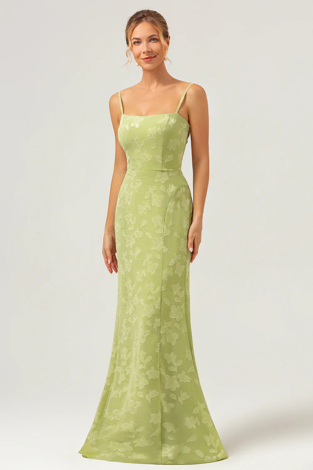 Green Mermaid Floral Jacquard Long Bridesmaid Dress with Lace Up Back