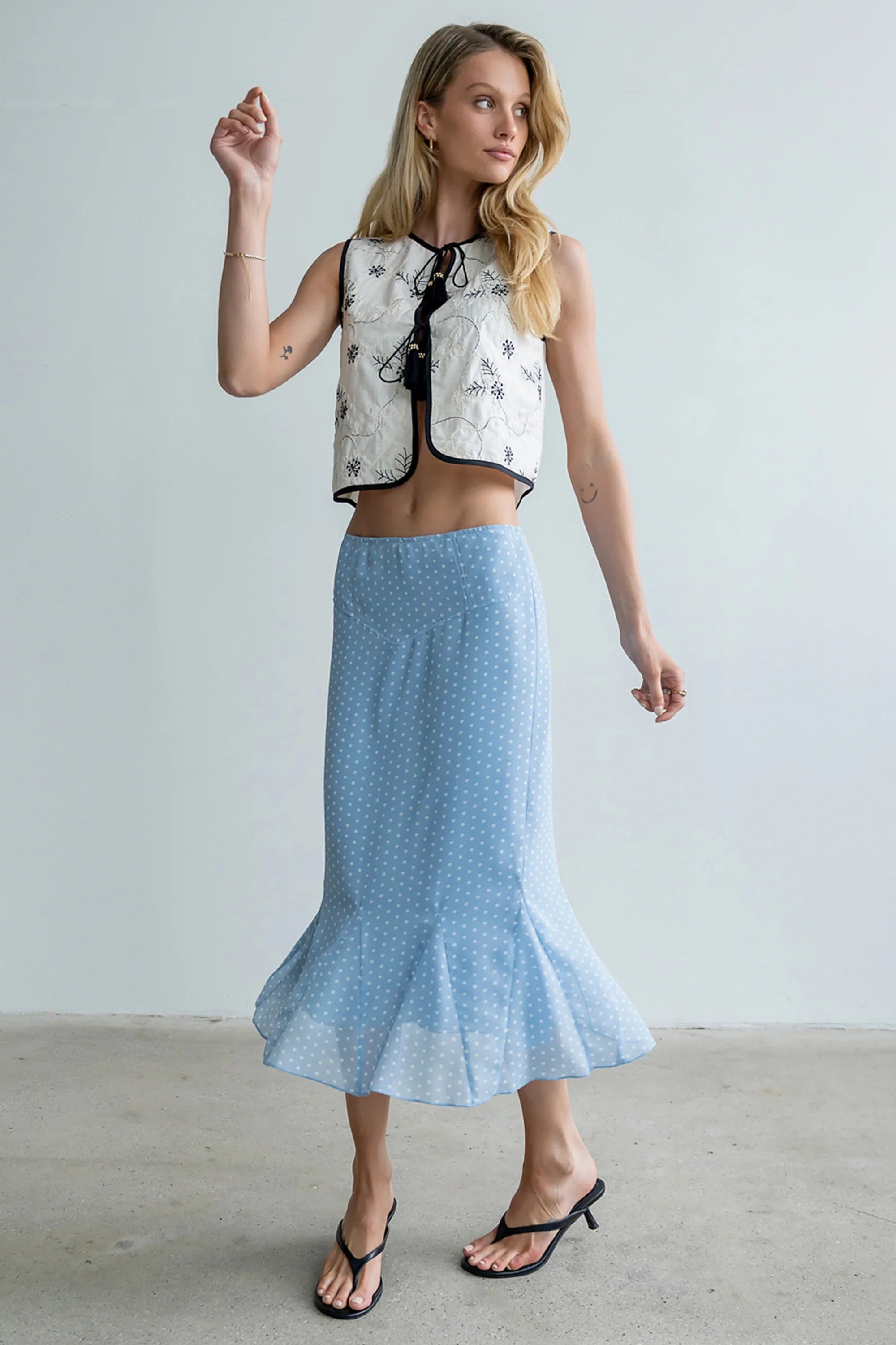 Gigi Polka Dot Midi Skirt in Blue