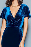 Dark Blue A Line Velvet Holiday Party Dress with Slit
