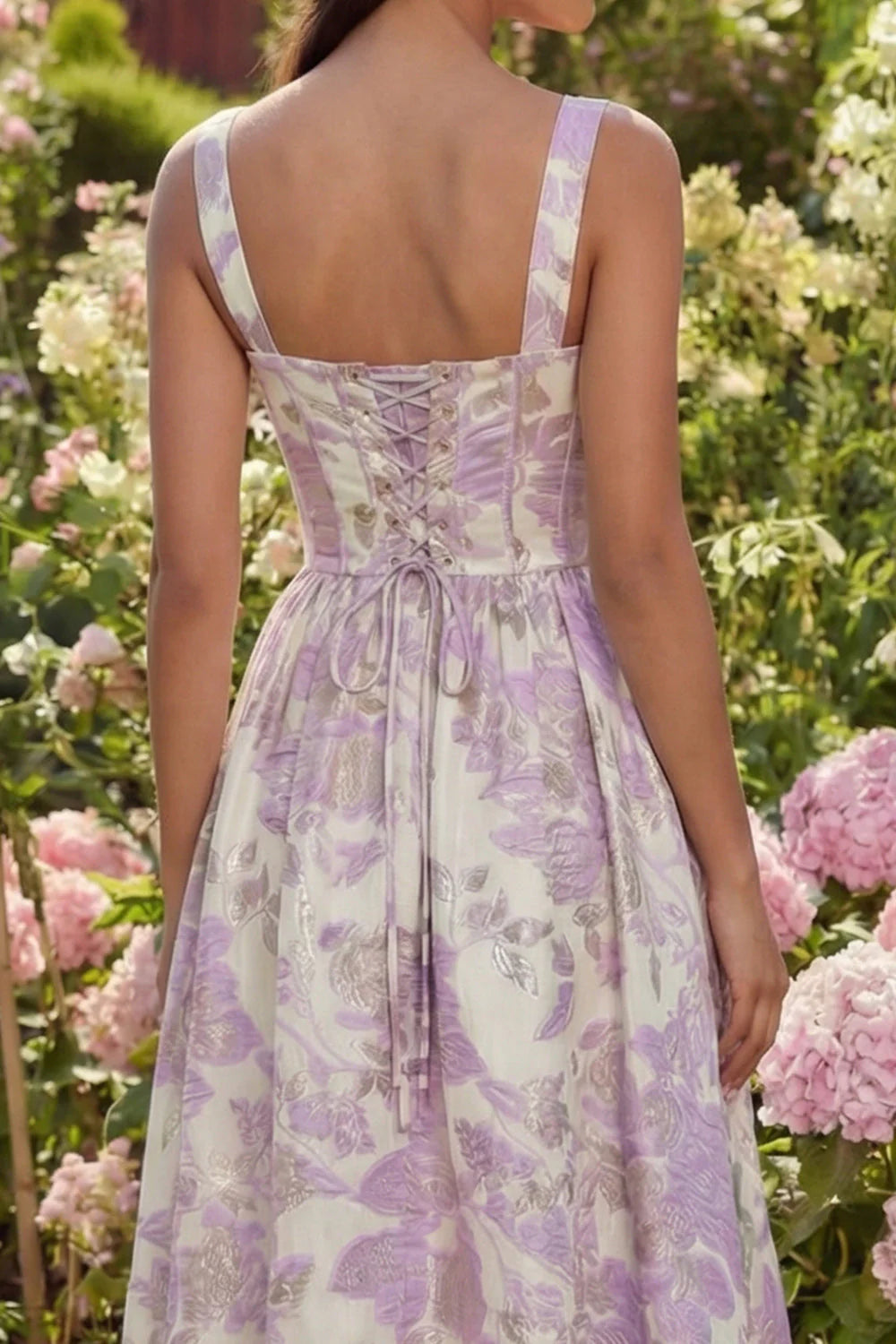 Purple Floral A Line Brocade Corset Spring Wedding Guest Dress