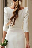 Sheath Ivory Square Neck Midi Rehearsal Dinner Dress with Slit