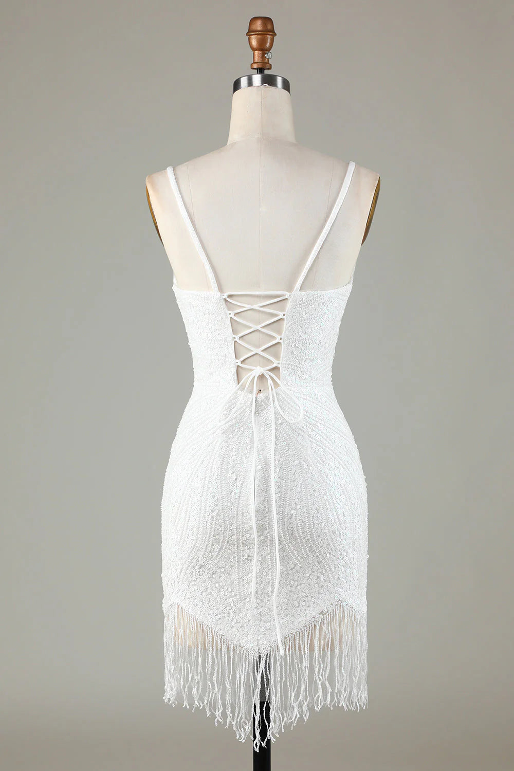 Glitter Fringe Sequin White Bodycon Beaded Short Homecoming Dress with Lace Up Back