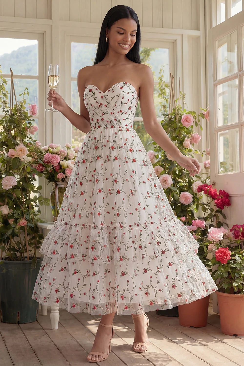 Strapless A Line Floral Ruffled Champagne Wedding Guest Dress