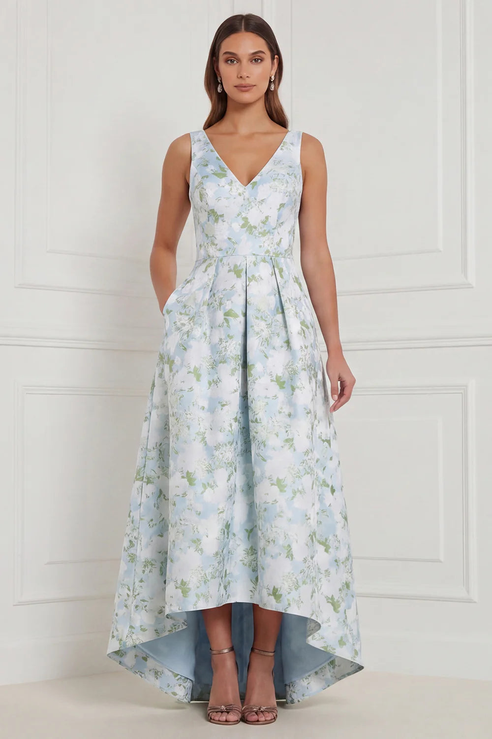 A Line Blue White Floral V Neck High Low Bridesmaid Dress