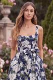 Navy Floral A Line Midi Wedding Guest Dress with Bow