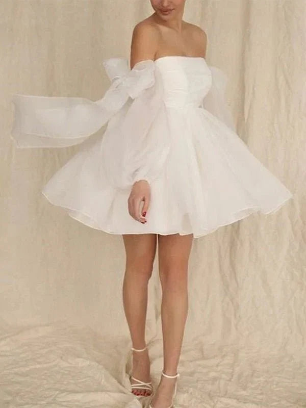 A Line Puff Long Sleeves Short Wedding Dresses With Bows