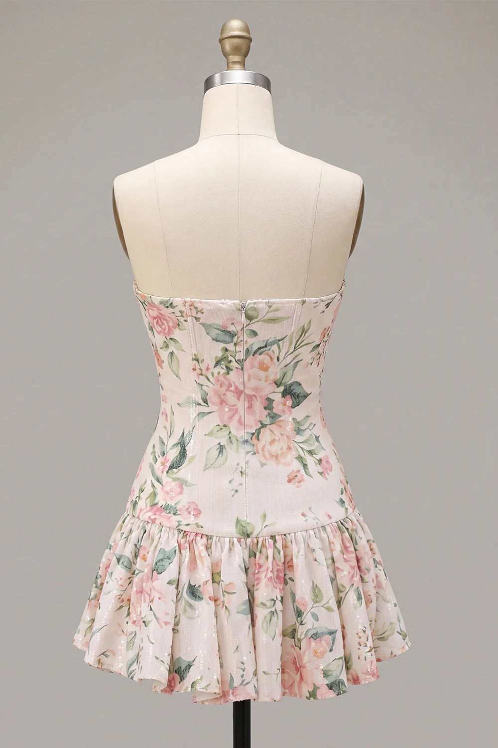Sequin White Pink Flower Strapless A Line Homecoming Dress with Scarf