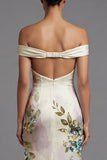 Off the Shoulder Mermaid Cut Out Ivory Printed Formal Dress