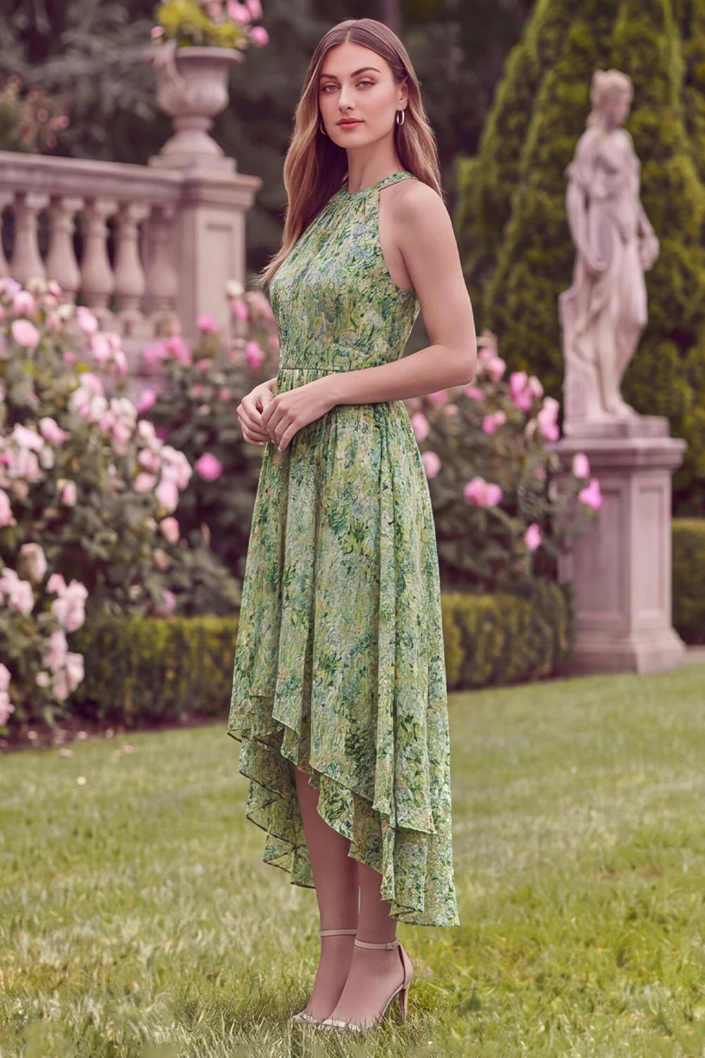 Halter A Line High Low Sage Flower Wedding Guest Dress