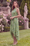 Halter A Line High Low Sage Flower Wedding Guest Dress