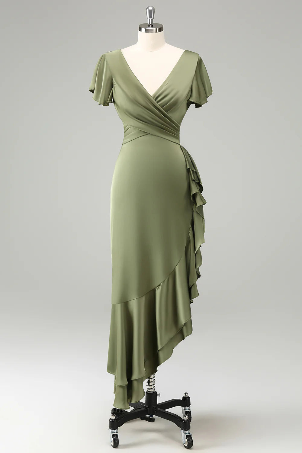 Elegant Dusty Sage A Line V Neck Short Sleeves Asymmetrical Bridesmaid Dress with Ruffles