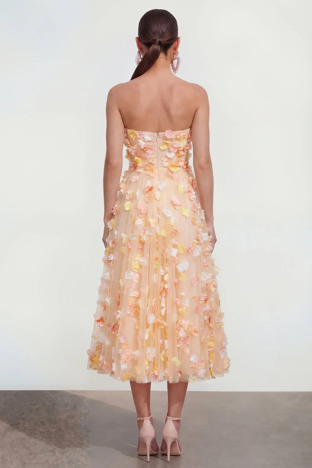Champagne A Line Strapless Floral Wedding Guest Dress with Pockets