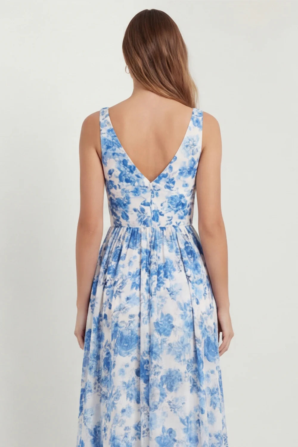 Blue Floral Printed A Line V Neck Long Bridesmaid Dress